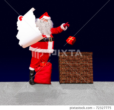 Santa Claus standing at a snowy roof and throw gifts from large bag into the chimney, Santa Claus standing at a snowy roof and throw gifts from large bag into the chimney, 72327775