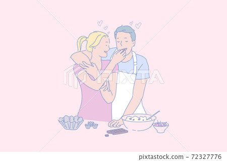Family leisure, cooking dessert together, positive emotion concept Family leisure, cooking dessert together, positive emotion concept 72327776