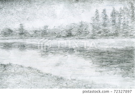 A harmony at the lake. A hand drawn landscape A harmony at the lake. A hand drawn landscape 72327897
