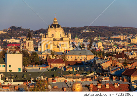 Aerial view of St. George's Cathedral and old town of Lviv in Ukraine. Lvov cityscape. View from bell tower of Church of Sts. Olha and Elizabeth 72328063