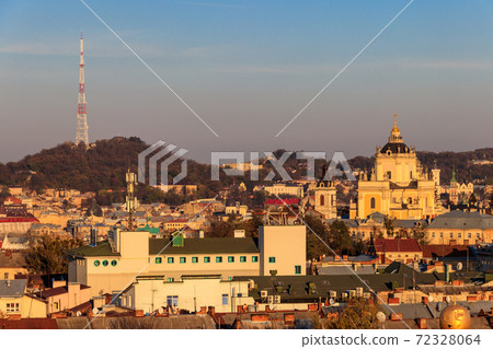 Aerial view of St. George's Cathedral and old town of Lviv in Ukraine. Lvov cityscape. View from bell tower of Church of Sts. Olha and Elizabeth 72328064