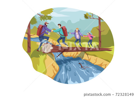 Travelling team, teamwork, tourism, nature, hiking concept 72328149