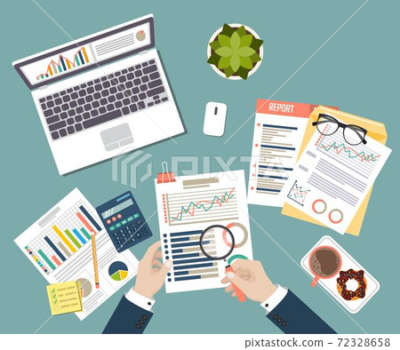 Auditing concept vector illustration. Tax process. Business background. Flat design of analysis, data, accounting, planning, management, research, calculation, reporting, project management. 72328658