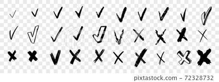 Brush hand drawn checkmarks and crosses doodle set collection Brush hand drawn checkmarks and crosses doodle set collection 72328732