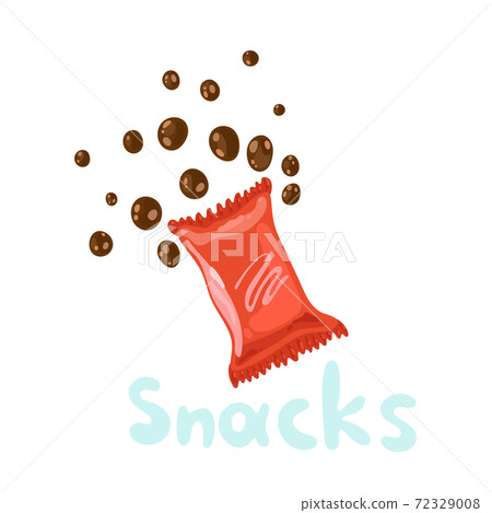 Snack products or fast food snacks isolated on white background. Flat kawaii illustration in vector. Junk food sweets in red plastic packge. Ball chocolates are floating to the up. Foil bag packaging 72329008