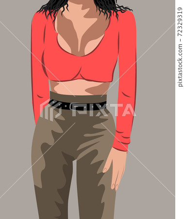 Black haired woman in red top and brown pants with belt posing Black haired woman in red top and brown pants with belt posing 72329319