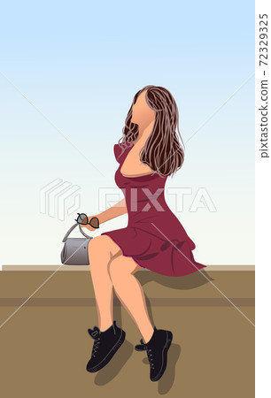 Brunette girl in burgundy dress, black shoes, gray handbag and sunglasses arranging her hair while sitting Brunette girl in burgundy dress, black shoes, gray handbag and sunglasses arranging her hair while sitting 72329325