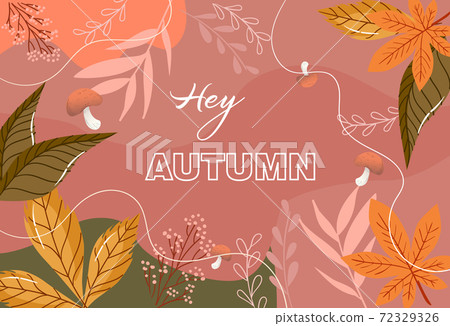 Autumn composition with mushrooms, leaves, twigs, and abstract lines Autumn composition with mushrooms, leaves, twigs, and abstract lines 72329326