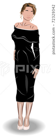 Elegant woman with dirty blonde hair in a black dress and white high heels Elegant woman with dirty blonde hair in a black dress and white high heels 72329342