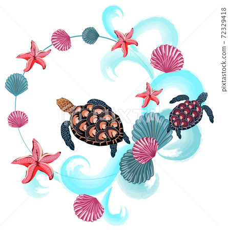 Abstract composition of sea turtles, shells, starfishes and waves 72329418