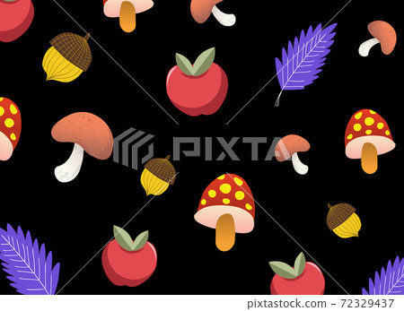 Autumnal pattern with mushrooms, apples, acorns and purple leaves Autumnal pattern with mushrooms, apples, acorns and purple leaves 72329437