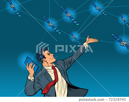 A businessman with a smartphone and global satellite Internet 72329745