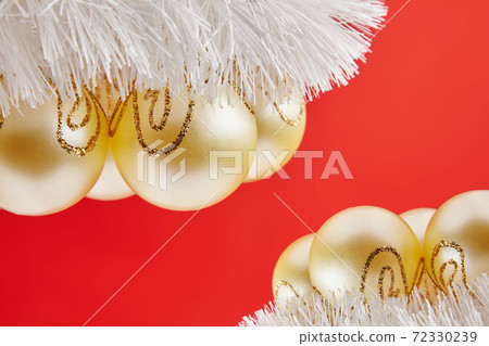Christmas golden toys for greeting card on the red background Christmas golden toys for greeting card on the red background 72330239