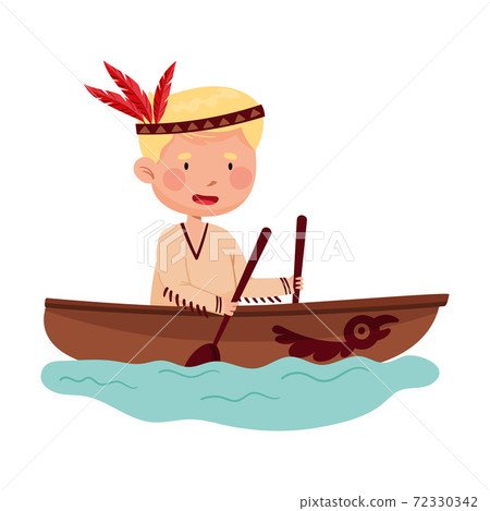 Funny Boy in Ethnic Indian Costume and Feathered Headdress Sailing Wooden Boat Vector Illustration 72330342
