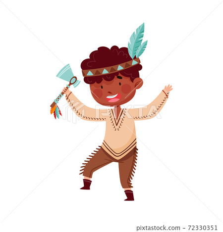 Cheerful African American Boy in Red Indian Costume and Feathered Headdress Holding Hatchet Vector Illustration 72330351