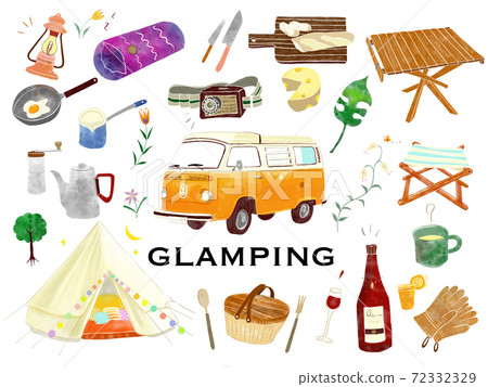 Illustration of colorful outdoor equipment for fashionable camping or glamping 72332329