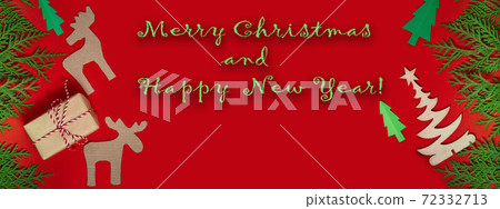 Merry Christmas and Happy New Year greeting card with gifts and green fir branches. banner 72332713