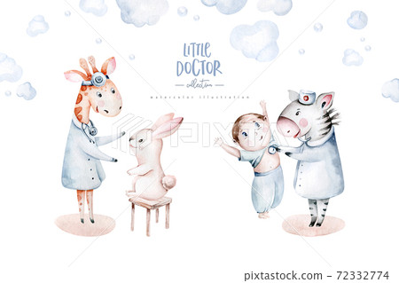 Cute cartoon animal zebra and giraffe doctor. pediatrics kids boy and girl. pills, ambulance, mask, bacteria, viruses, coronavirus. Watercolor hand drawn boy and girl doctor set Cute cartoon animal zebra and giraffe doctor. pediatrics kids boy and girl. pills, ambulance, mask, bacteria, viruses, coronavirus. Watercolor hand drawn boy and girl doctor set 72332774