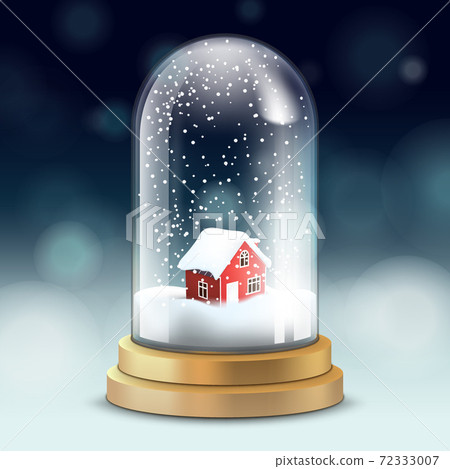 Realistic crystal ball or tall flask with snow inside and red cozy little house - symbol of Christmas, vector. Realistic crystal ball or tall flask with snow inside and red cozy little house - symbol of Christmas, vector. 72333007