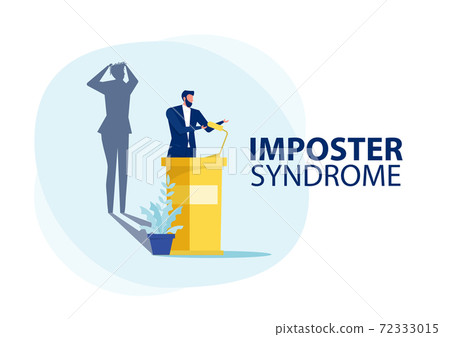 Imposter syndrome.man standing for her present profile with fear shadow behind. Anxiety and lack of self confidence at work; the person fakes is someone else concept Imposter syndrome.man standing for her present profile with fear shadow behind. Anxiety and lack of self confidence at work; the person fakes is someone else concept 72333015