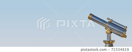 Banner with an old antique golden telescope at light blue sky background with copy space for text, details, closeup. Concept exploration, investigation and travel. Banner with an old antique golden telescope at light blue sky background with copy space for text, details, closeup. Concept exploration, investigation and travel. 72334819