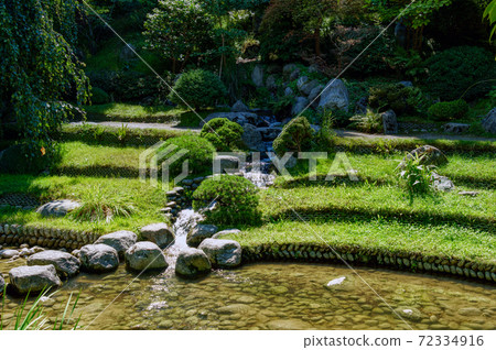 Stream and rocks in Albert Kahn Japanese Garden - Boulogne-Billancourt - France 72334916