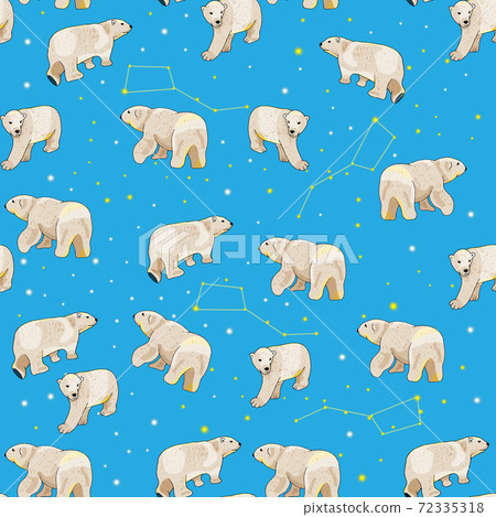 Seamless pattern with polar bears, stars and constellation on the blue background. Vector illustration. Endless texture for your design, fabrics, wallpapers, greeting cards, wrappings. 72335318
