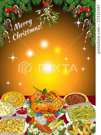 Christmas dinner invitation or greeting card design of winter holiday cuisine, roasted turkey, sweet pie, mashed potatoes, casserole, vegetables. 72335347