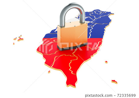 Lockdown in Taiwan. Padlock with map, border protection concept. 3D rendering Lockdown in Taiwan. Padlock with map, border protection concept. 3D rendering 72335699