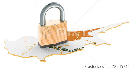 Lockdown in Cyprus. Padlock with map, border protection concept. 3D rendering 72335744
