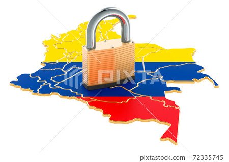 Lockdown in Columbia. Padlock with map, border protection concept. 3D rendering Lockdown in Columbia. Padlock with map, border protection concept. 3D rendering 72335745