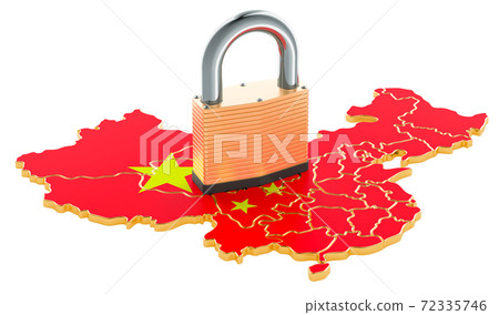Lockdown in China. Padlock with map, border protection concept. 3D rendering 72335746