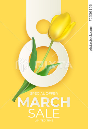 8 March sale banner with tulip Background Design. Template for advertising, web, social media and fashion ads. Poster, flyer, greeting card, header for website Vector Illustration. EPS10 8 March sale banner with tulip Background Design. Template for advertising, web, social media and fashion ads. Poster, flyer, greeting card, header for website Vector Illustration. EPS10 72336196