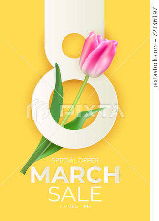 8 March sale banner with tulip Background Design. Template for advertising, web, social media and fashion ads. Poster, flyer, greeting card, header for website Vector Illustration. EPS10 72336197