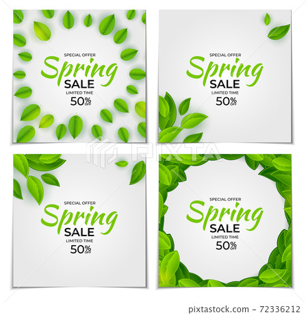Natural Light Spring Sale Collection Set Poster Banner Background with Green Sunny Leaves. Template Set for advertising, web, social media and fashion ads. Vector Illustration. EPS10 Natural Light Spring Sale Collection Set Poster Banner Background with Green Sunny Leaves. Template Set for advertising, web, social media and fashion ads. Vector Illustration. EPS10 72336212