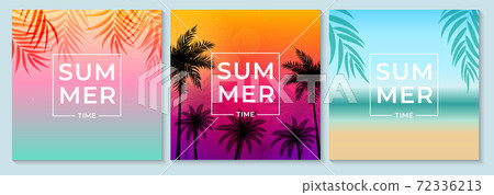Abstract Summer Background Set with Palm Leaves, Beach and Seaside. Trendy design for sale, social media, web. Vector Illustration EPS10 Abstract Summer Background Set with Palm Leaves, Beach and Seaside. Trendy design for sale, social media, web. Vector Illustration EPS10 72336213