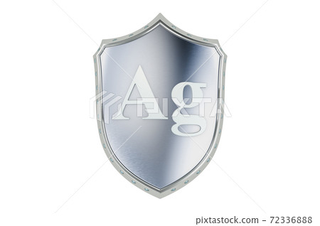 Shield from silver, Ag inscription. 3D rendering 72336888