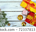 Christmas food background with holly wreaths on copy space 72337813
