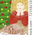 Christmas illustration with gingerbread house, christmas tree and girl, for postcard, poster or print 72338218