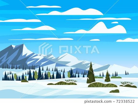 Winter mountains snow landscape panorama, pines ate, hills lonely building, field. Vector illustration card, poster, banner template Winter mountains snow landscape panorama, pines ate, hills lonely building, field. Vector illustration card, poster, banner template 72338522
