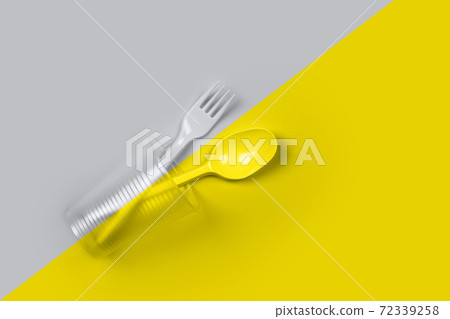 Plastic cup, fork, spoon on color 2021 Plastic cup, fork, spoon on color 2021 72339258