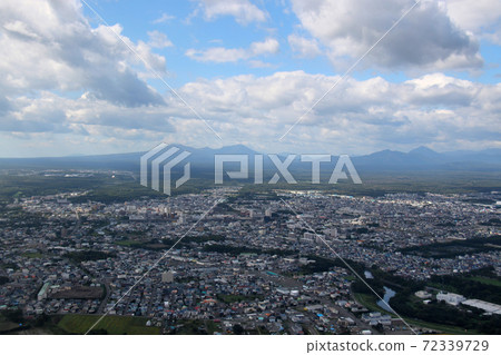 View of the mountains of Hokkaido such as Mt. Tarumae, Mt. Fuppushi, Lake Shikotsu, Mt. Eniwa and the city of Chitose. Taken from inside the aircraft ready to land on CTS. View of the mountains of Hokkaido such as Mt. Tarumae, Mt. Fuppushi, Lake Shikotsu, Mt. Eniwa and the city of Chitose. Taken from inside the aircraft ready to land on CTS. 72339729