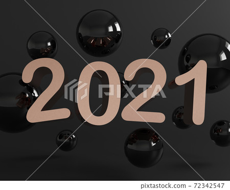 Creative concept of 2021 Happy New Year. Abstract minimal scene with geometrical forms. Rose gold symbol flying with sphere on black background. 3d render. Creative concept of 2021 Happy New Year. Abstract minimal scene with geometrical forms. Rose gold symbol flying with sphere on black background. 3d render. 72342547