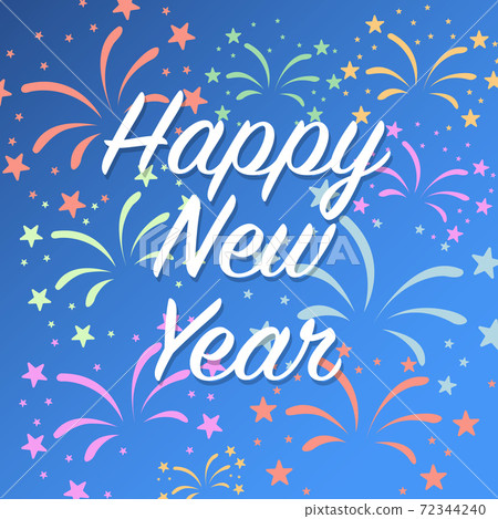 Happy New Year 2021 in the blue screen with many colourful firework.  72344240