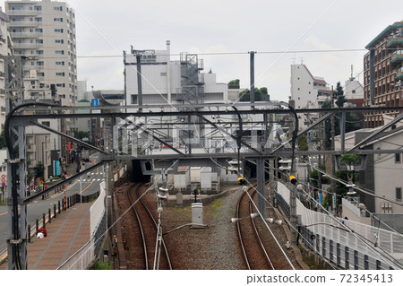 從東京都大田區北三塚的下古久保行人天橋欣賞東急目黑線,東急岡山站和東急醫院的全景 從東京都大田區北三塚的下古久保行人天橋欣賞東急目黑線,東急岡山站和東急醫院的全景 72345413