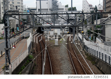 View of Tokyu Meguro Line, Tokyu Ookayama Station and Tokyu Hospital from Shimizukubo Pedestrian Bridge in Kitasenzoku, Ota-ku, Tokyo View of Tokyu Meguro Line, Tokyu Ookayama Station and Tokyu Hospital from Shimizukubo Pedestrian Bridge in Kitasenzoku, Ota-ku, Tokyo 72345531