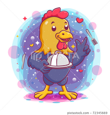 Rooster holding silver platter of illustration Rooster holding silver platter of illustration 72345669