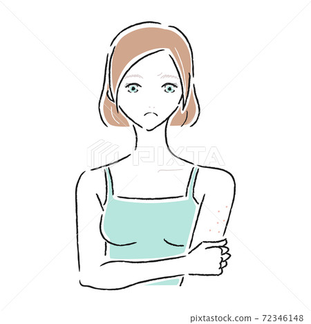 Illustration of a young woman with skin problems. Eczema on the upper arm. 72346148