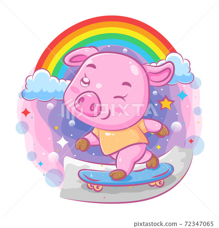Cute pig plays the skateboard on the road	 72347065