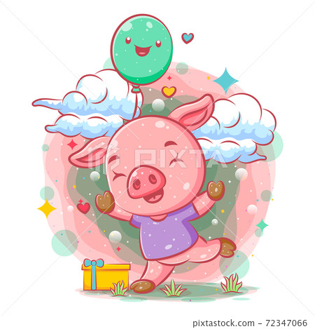 Happy pink pig holds the green balloons Happy pink pig holds the green balloons 72347066